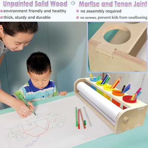Table Top Paper Roll Dispenser with Paper 17.3inx82ft Wooden Tabletop Easel Art Paper Roll for Kids Craft Paper Holder with Pencil and Cups for Coloring Drawing - Image 2