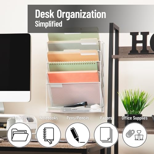 Mind Reader 5-Pocket Vertical File Storage, Desktop Organizer, Wall Mount, Office, Metal Mesh,White - Image 2