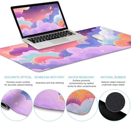 LIMKRIAN Purple Mouse Pad Large Desk Mat Set, Kawaii Clouds Ergonomic Mouse Pad with Wrist Rest Keyboard Wrist Support XXL Mousepad Cup Coaster Set, Cute Purple Office Desk Accessories Decor Supplies - Image 4