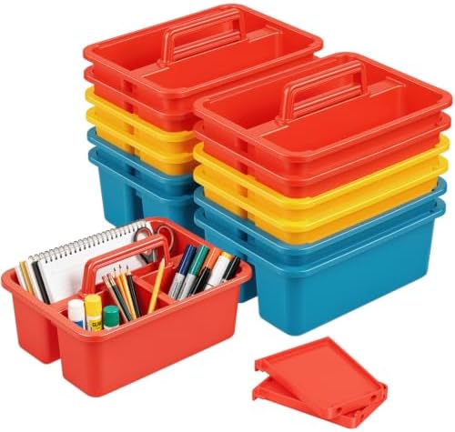 12 Pack Classroom Caddy, Plastic Caddies with Handle & Removable Dividers by Freshmage