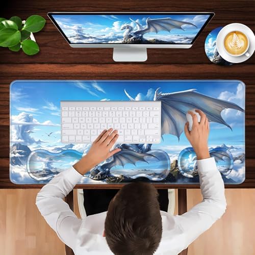 Keyboard Wrist Rest and Mouse Pad with Wrist Support Set Ergonomic Coaster,Memory Foam,Easy Typing Pain Relief,Large XL Desk Mat 31.5"x 11.8",White Dragon Cloud - Image 4