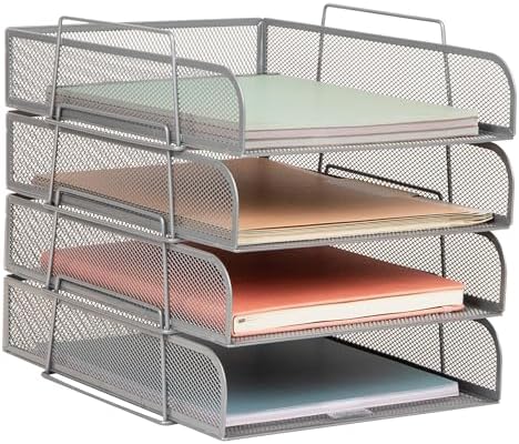 Mind Reader Stackable Paper Tray, Desktop Organizer, File Storage, Office, Metal Mesh, 10.5" L x 13.5" W x 11.25" H, 4 Pcs., Silver by MindReader