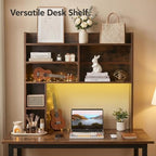 OFCASA Desktop Bookshelf with LED Lights, Countertop Storage Hutch with 7 Shelves for Computer Desk, 35.4'' 3-Tier Display Rack, Wooden Desk Hutch Storage Organizer for Home Office Dorm, Brown - Image 5