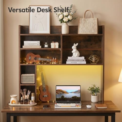 OFCASA Desktop Bookshelf with LED Lights, Countertop Storage Hutch with 7 Shelves for Computer Desk, 35.4'' 3-Tier Display Rack, Wooden Desk Hutch Storage Organizer for Home Office Dorm, Brown - Image 5