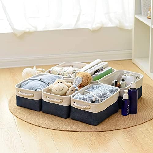 TheWarmHome Storage Basket for Organizing - Small 12x8x5.2 inch 6 Pack Collapsible Storage Bin for Shelves, Canves Storage Cubes for Organizer Cloth Box Gift Toys Closet (White & Jean Blue) - Image 4