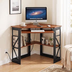VECELO Corner Desk, Triangle Computer Desk for Small Space with Charging Station and Keyboard Tray, Corner Makeup Table with Storage Shelves for Home Office Bedroom, 41x30, Teak Brown - Image 2