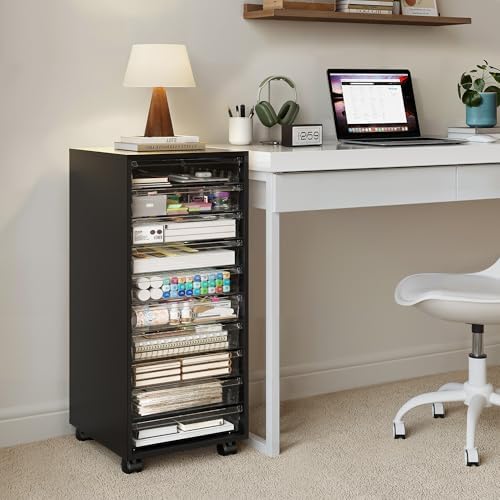 WOPITUES Storage Drawer Cart, Mobile Storage Cabinet, Makeup Storage with 10 Large Clear Drawers, Utility Wooden Rolling Cart on Wheels, for Cosmetic, Art Craft, Office Supplies, Toy, Black - Image 6