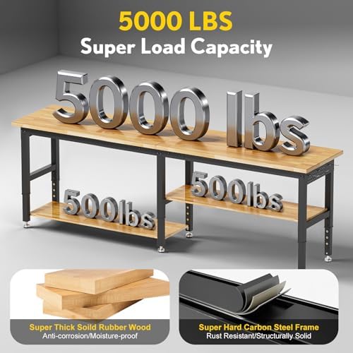 84” Adjustable Work Bench, 2-Layer Heavy Duty Workbench, 6000 LBS Capacity Workbench with Pegboard & Power Outlet, Rubber Wood Work Table for Garage, Office, Workshop, Home - Image 4