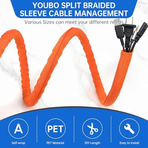 Split Braided Cable Sleeve，Flexible Wire Loom Tubing, Automotive Cord Protector Pet Proof, Cable Management for Computer TV Electric Wires Harness 16ft (Orange, 25mm（1") - Image 2