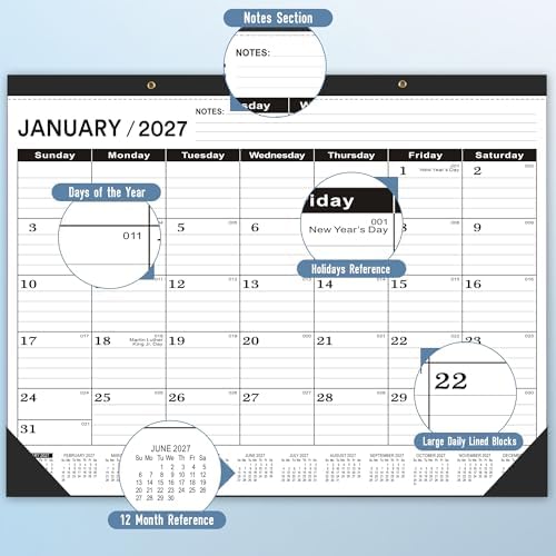 Desk Calendar 2026-2027,July 2026 to December 2027,Desk calendar 2026-2027 Large 22x17, Classroom Calendar 2027 with PVC Cover,Round Holes& NOTES List (Black),18 Months Calender 2027 - Image 3