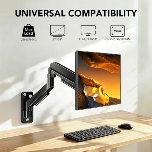 Single Monitor Wall Mount for 17 to 32 inch Flat/Curved Computer Screens,Full Motion Adjustable Monitor Wall Arm Holds Up to 22lbs,VESA Wall Mount 75x75/100x100, Black - Image 2
