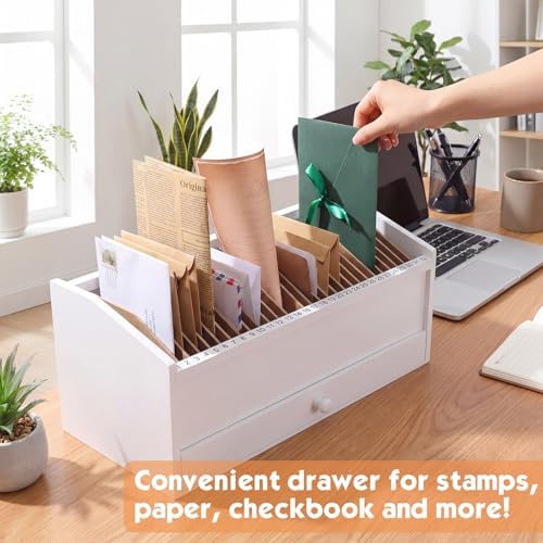 Wood Desktop Organizer with Drawer, 17 Inch 32 Section Bill & Mail & File Organizer Storage for Office Desk, Desktop Mail Holder and Office Supplies Storage, Letter and Paper Sorter (White) - Image 2