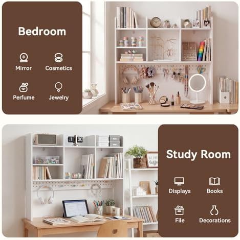 Dorm Desk Hutch with Pegboard, White Desktop Bookshelf - Image 5