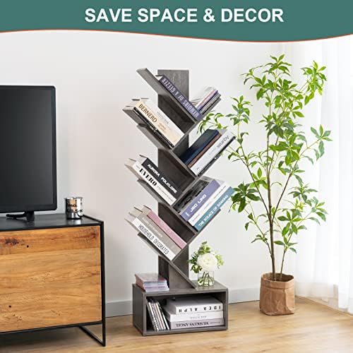 Yoobure Tree Bookshelf - 6 Shelf Retro Floor Standing Bookcase, Tall Wood Book Storage Rack for CDs/Movies/Books, Utility Book Organizer Shelves for Bedroom, Living Room, Home Office, Grey - Image 4