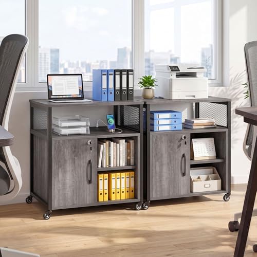 GIANTEX File Cabinet, Lateral Filing Cabinet with Lock, Wheels, Charging Station, Cable Hole, Lockable Side Cabinet, Adjustable Shelves, Metal Frame, Printer Stand for Home Office Small Space (Grey) - Image 2