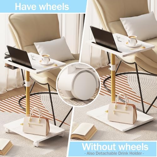 TV Tray Table, Adjustable Dinner Trays for Eating Table, 360° Swivel & Sofa Armrest End Side Table, C Shaped Couch Snack Table for Bedroom, Living Room, Small Space(White+Gold) - Image 3