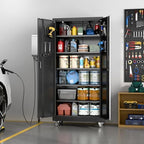 Aobabo Black Metal Garage Storage Cabinet with Wheels, 34"W x 18"D x 71"H - Image 2