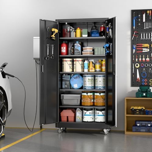 Aobabo Black Metal Garage Storage Cabinet with Wheels, 34"W x 18"D x 71"H - Image 2