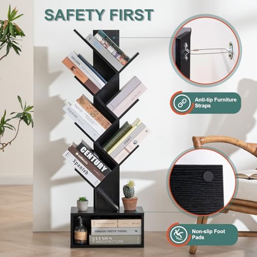 Yoobure Tree Bookshelf, 6 Tier Small Book Shelf Retro Floor Standing Bookcase, Wood Book Storage Organizer Rack, Tall Narrow Bookshelves for Corner/Bedroom/Living Room/Home Office, Black - Image 5