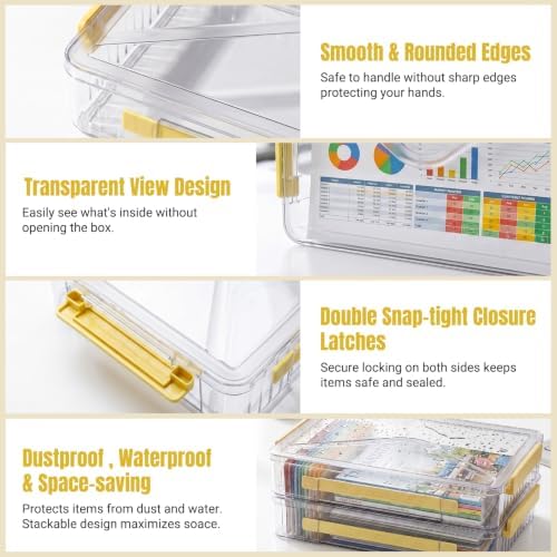 Clear Document Box, Deep A4 Paper Storage Organizer with Snap Latches, Stackable File Case for Certificates Photos Letter Size, Magazine Protector, 14.37" x 9.44" x 2.75" (2 Pack), Yellow - Image 3