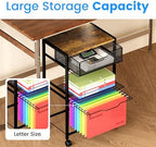 Cawukege 3 Tier Printer Stand, Small Mobile Table with Wheels, Printer Shelf Rolling Cart with Storage Desk Organizer Hanging File for Office Home, Brown - Image 4