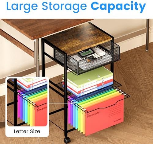 Cawukege 3 Tier Printer Stand, Small Mobile Table with Wheels, Printer Shelf Rolling Cart with Storage Desk Organizer Hanging File for Office Home, Brown - Image 4