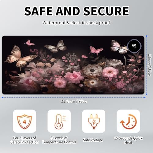 Heated Mouse Pad Hand Warmer, Warm Desk Pad Mousepad Desk Mat with 3 Levels Heating and Auto Shut Down 31.5 x 13 inch PU Leather Warmer Keyboard Mat for Gaming Office Home, Art Butterfly Flower - Image 2