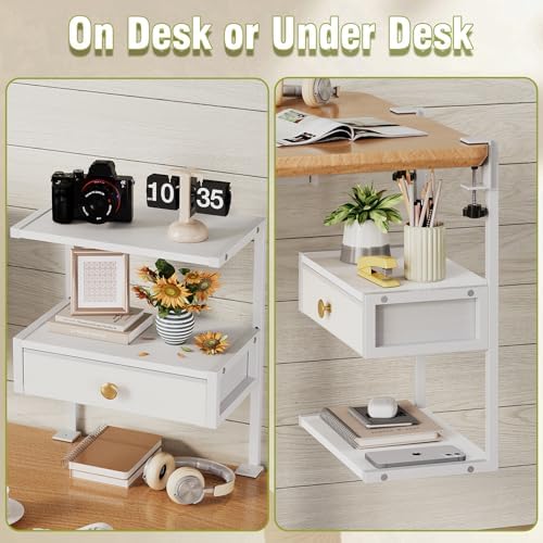 VENNQD Clamp On Desk Shelf, 2-Tier Desktop Organizer, Wood Desktop Supplies Tabletop Book Storage Rack with Adjustable Shelves for Table Working and Gaming Accessories, White - Image 6