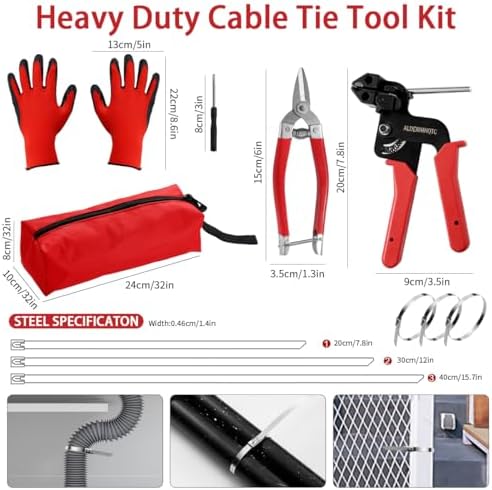 Metal Zip Tie Tool 300PCS (100 Each: 7.8/12/15.7 Inch) Stainless Steel Cable Tie Gun Kit | Self-Locking Fastening & Cutting Tool Metal Zip Tie Gun for Fencing, Exhaust Pipes, Automotive (Red) - Image 5