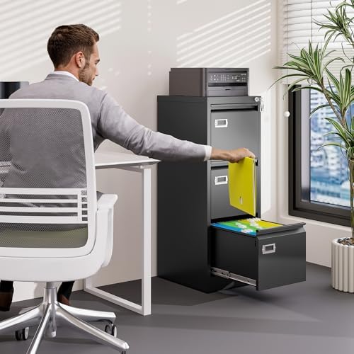 BYNSOE 3 Drawer File Cabinet with Lock Metal Vertical File Cabinet Office Home Narrow File Cabinet for A4 Legal/Letter Size,Assembly Required (Black, 3 Drawers-Vertical) - Image 2