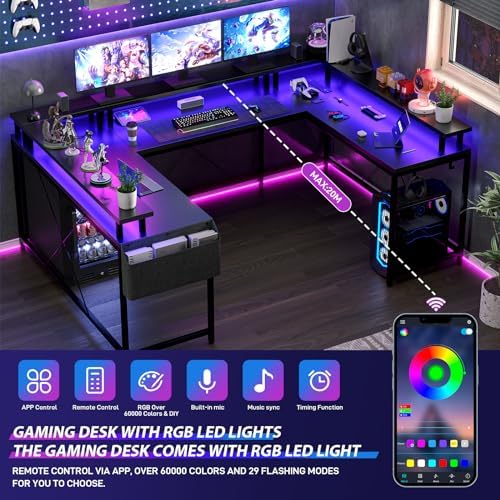 GAOMON U Shaped Desk, 79" U Shaped Gaming Desk with Monitor Stand and LED Lights, Reversible Long Shaped Large Computer Desk with Power Outlets, Large Corner Office Desk with Storage Bag and Hooks - Image 4
