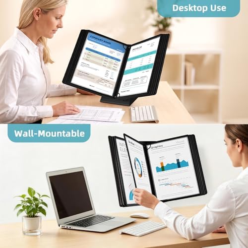 10-Pocket Desk Reference Organizer with Sturdy Metal Base, Flip Desktop Display System for Desk or Wall Mount, 10 Double-Sided Panels to Hold 20 Sheets Letter Size Document for Business Office - Image 4