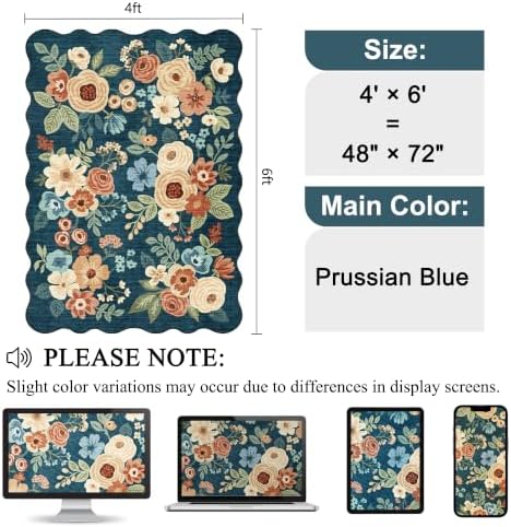 DUKINO 4x6 Area Rug, Non Slip Floral Washable Living Room Rug Prussian Blue - Image 2