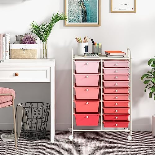 Giantex 15 Drawers Rolling Cart, Classroom Organizers, Storage Cart with Wheels, for Teacher Office Home School Supplies Tool Craft Art Paper - Image 2
