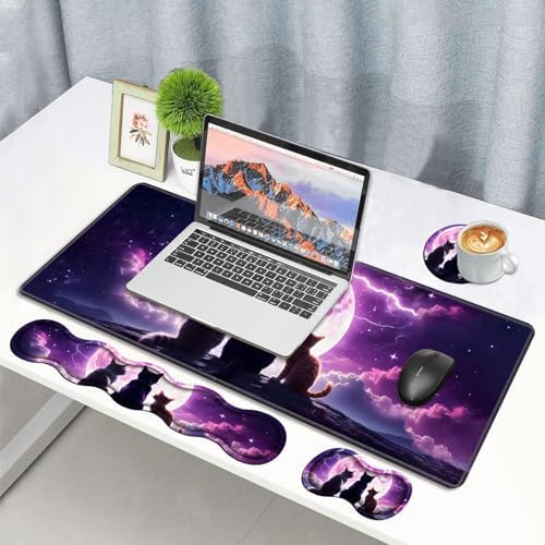 4 in 1 Ergonomic Memory Foam Mouse Pad Wrist Rest Set, Large XXL Gaming Desk Pad + Keyboard Wrist Rest + Mouse Wrist Cushion + Coaster for Home Office Study Gaming, Cats Under The Moon - Image 6