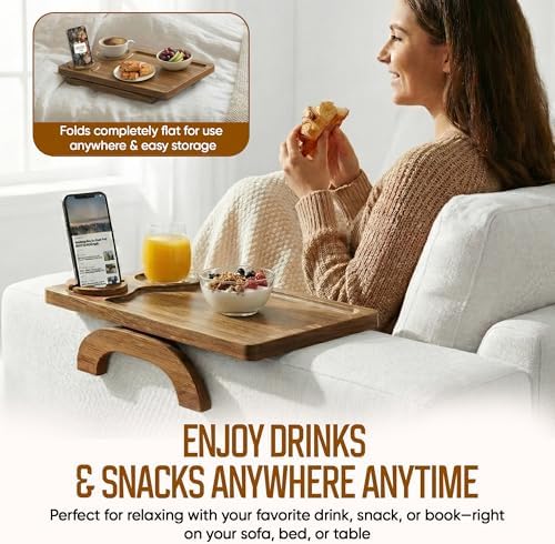 Acacia Wood Sofa Arm Tray - 3-in-1 Couch Arm Table with Phone Holder, Cup Holder & Foldable Tray - Armrest Clip-On Design for Couch with 360° Rotated Phone Holder - Image 6