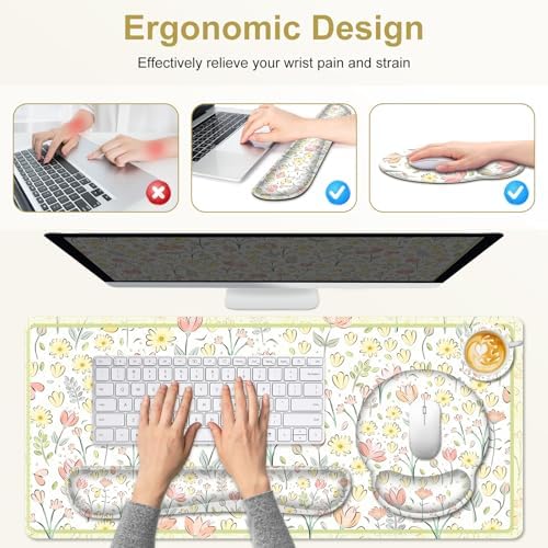 Desk Mat, 4in1 Large Mouse Pad with Wrist Rest, Cute Desk Mat, Anti-Slip XXL Computer Ergonomic Mousepad with Wrist Support for Keyboard and Mouse, Nice Yellow Flowers - Image 5