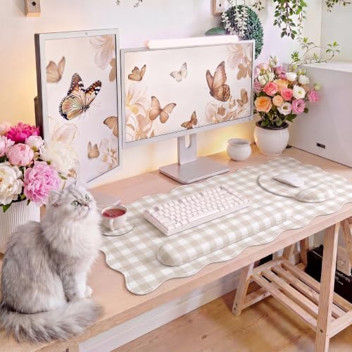 Sabary Gingham Desk Mat Scalloped Beige, 31.5 x 15.7 Inch - Image 6