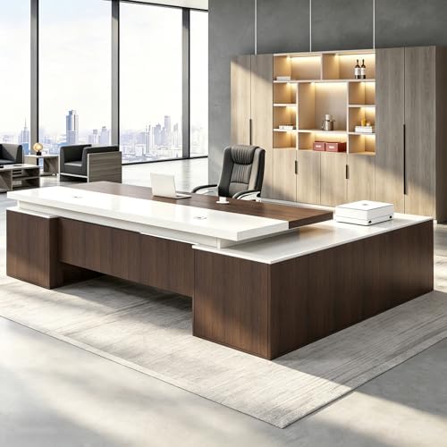 Executive Desk, L Shaped Executive Office Desk with Locking Drawer & File Cabinet, 1'' Thick Desktop, Large Office Desk with Storage, Modern Executive Computer Workstation for Home Office & Business by Unknown