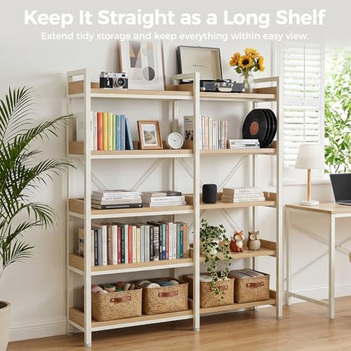 GTPLAYER 5-Tier Corner Bookshelf, L-Shaped Metal Frame Shelf with Tall 14" Shelves, Plant Stand and Storage Rack for Small Spaces, Living Room and Home Office, Light Oak - Image 4