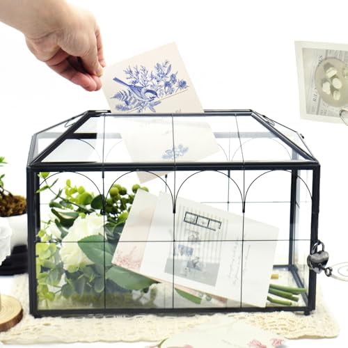 LargeBlack and Glass Card Box for wedding with Lock and Slot - Wedding Envelope Card Holder for Reception Clear Lock Box with Key Geometric Handmade Vintage Card Box for Wedding Party (Large-Black) - Image 2