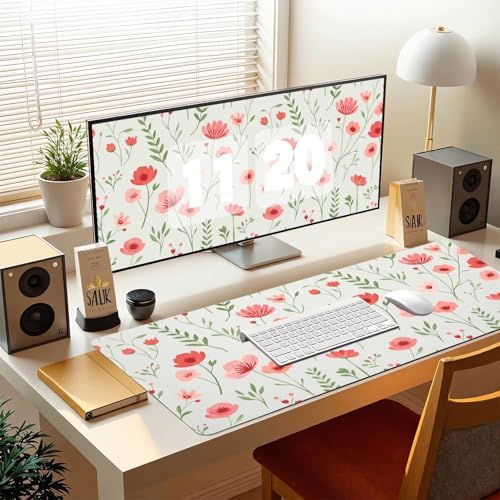 Watercolor Poppy Office Desk Mat 31.5" x 15.7" Desktop Mat PU Leather Large Mouse Pad White Mousepad Non-Slip Table Mat for Girls, Women, Home, Work, Computer, and Gaming - Image 7