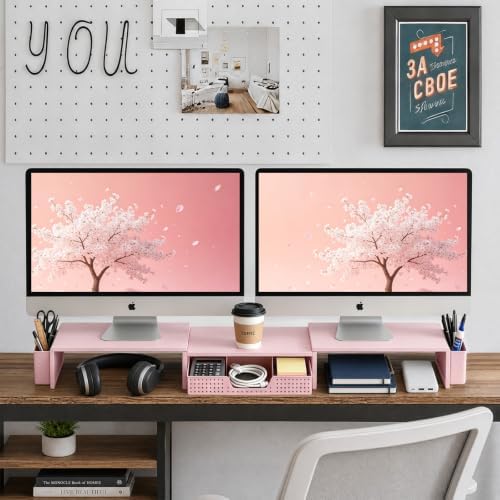 LEKETREE Dual Monitor Stand Riser with Drawer and 2 Pen Holders, Pink - Image 3