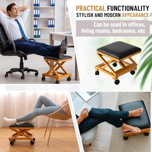 CroBlissful 2 Pack Rolling Adjustable Foot Rest Foldable Under Desk Ottoman with Wheels Leather Foldaway Guitar Foot Stool for Home Office Living Room Bedroom - Image 6