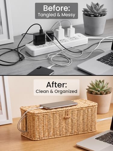 Cable Management Box, Cord Organizer with Lid & Cable Ties - Natural, M - Image 5