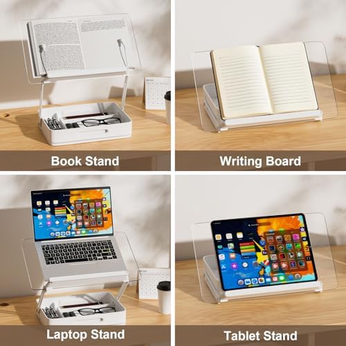 Book Holders for Reading, 360°Rotating Acrylic Book Stand with Storage Pen Slot, Foldable Desktop Riser Laptop Stand, Adjustable Book Reading Stand with Page Clips for Desk, Recipe, Cookbook Stand - Image 7