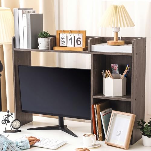 Briwooody Dorm Desk Bookshelf Desk Hutch Organizer with 5 Shelves and 3 Tier Desktop Hutch Storage Organizer for College Dorm Home Office Supply, 32.5 x 23.5 x 8 Inch(Grey) - Image 2