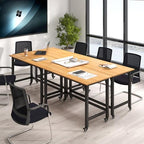 GOFLAME 4ft Conference Table Set of 4, Mobile Home Office Computer Desk, Meeting Room Table w/Detachable Storage Bag & 2 Headphone Hooks, Rolling Seminar Boardroom Table on Wheels, Black + Natural - Image 3