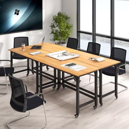 GOFLAME 4ft Conference Table Set of 4, Mobile Home Office Computer Desk, Meeting Room Table w/Detachable Storage Bag & 2 Headphone Hooks, Rolling Seminar Boardroom Table on Wheels, Black + Natural - Image 3