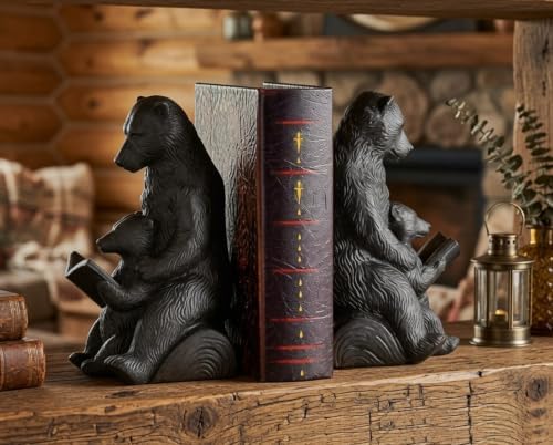 Bellaa Bear Bookends Mama Cub Reading Rustic Cabin Lodge Wildlife Vintage Decorative Book Ends for Shelves Non-Slip Base 25679 - Image 2